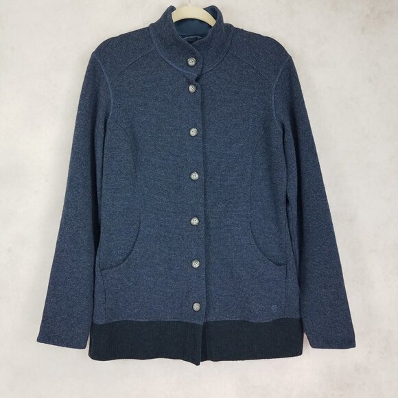 Mountain Hardwear Size L Button front Recycled wool Cardigan Sweater Navy Blue - Picture 1 of 10